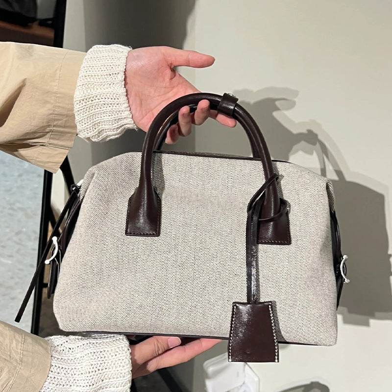 High-grade Light Luxury Linen Contrast Color Bowling Leather Casual Bag - Luxbrandz