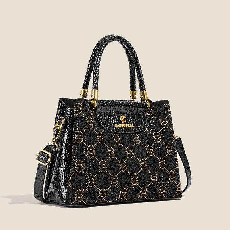 Luxury Black Designer Handbag - Women’s Elegant Tote with Gold Accents - Crocodile Pattern PU Leather Satchel Bag - Perfect for - Luxbrandz
