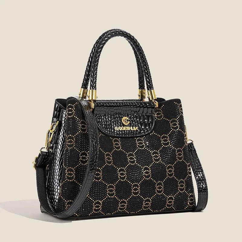 Luxury Black Designer Handbag - Women’s Elegant Tote with Gold Accents - Crocodile Pattern PU Leather Satchel Bag - Perfect for - Luxbrandz