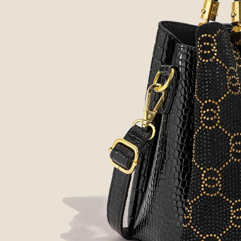 Luxury Black Designer Handbag - Women’s Elegant Tote with Gold Accents - Crocodile Pattern PU Leather Satchel Bag - Perfect for - Luxbrandz