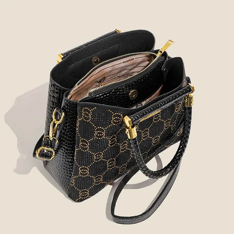 Luxury Black Designer Handbag - Women’s Elegant Tote with Gold Accents - Crocodile Pattern PU Leather Satchel Bag - Perfect for - Luxbrandz