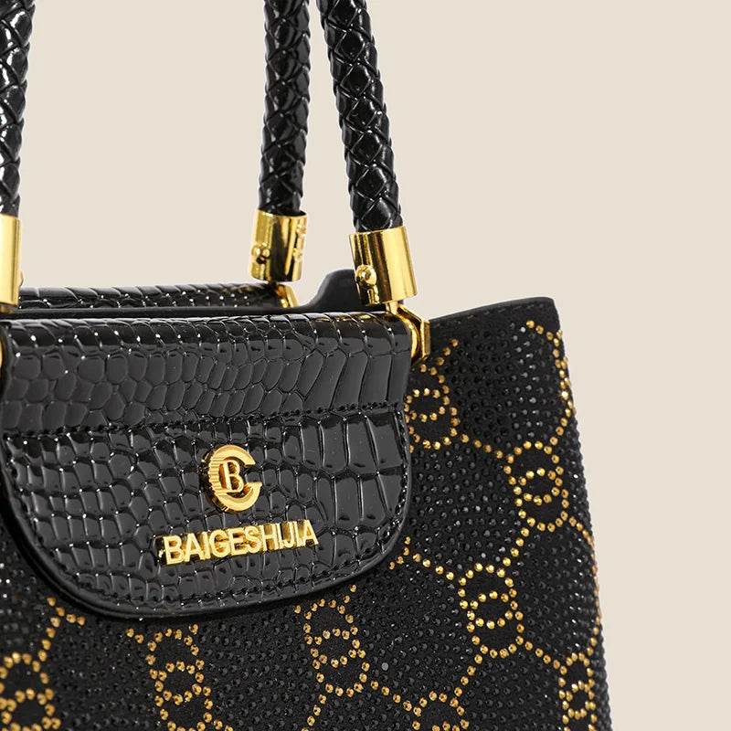 Luxury Black Designer Handbag - Women’s Elegant Tote with Gold Accents - Crocodile Pattern PU Leather Satchel Bag - Perfect for - Luxbrandz