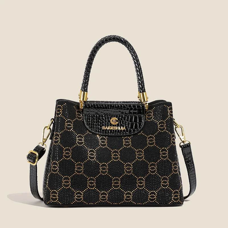 Luxury Black Designer Handbag - Women’s Elegant Tote with Gold Accents - Crocodile Pattern PU Leather Satchel Bag - Perfect for - Luxbrandz