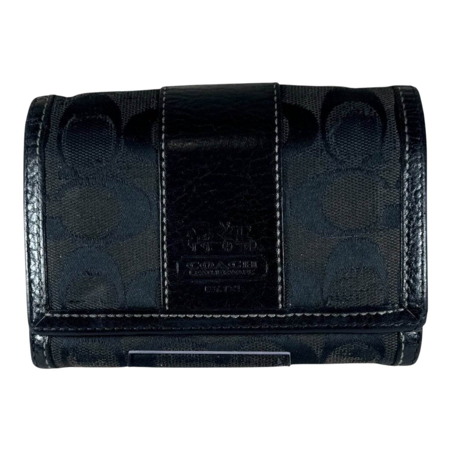Coach Women's Signature Stripe Wallet Small Tri-Fold W/Change Compartment Black - Luxbrandz
