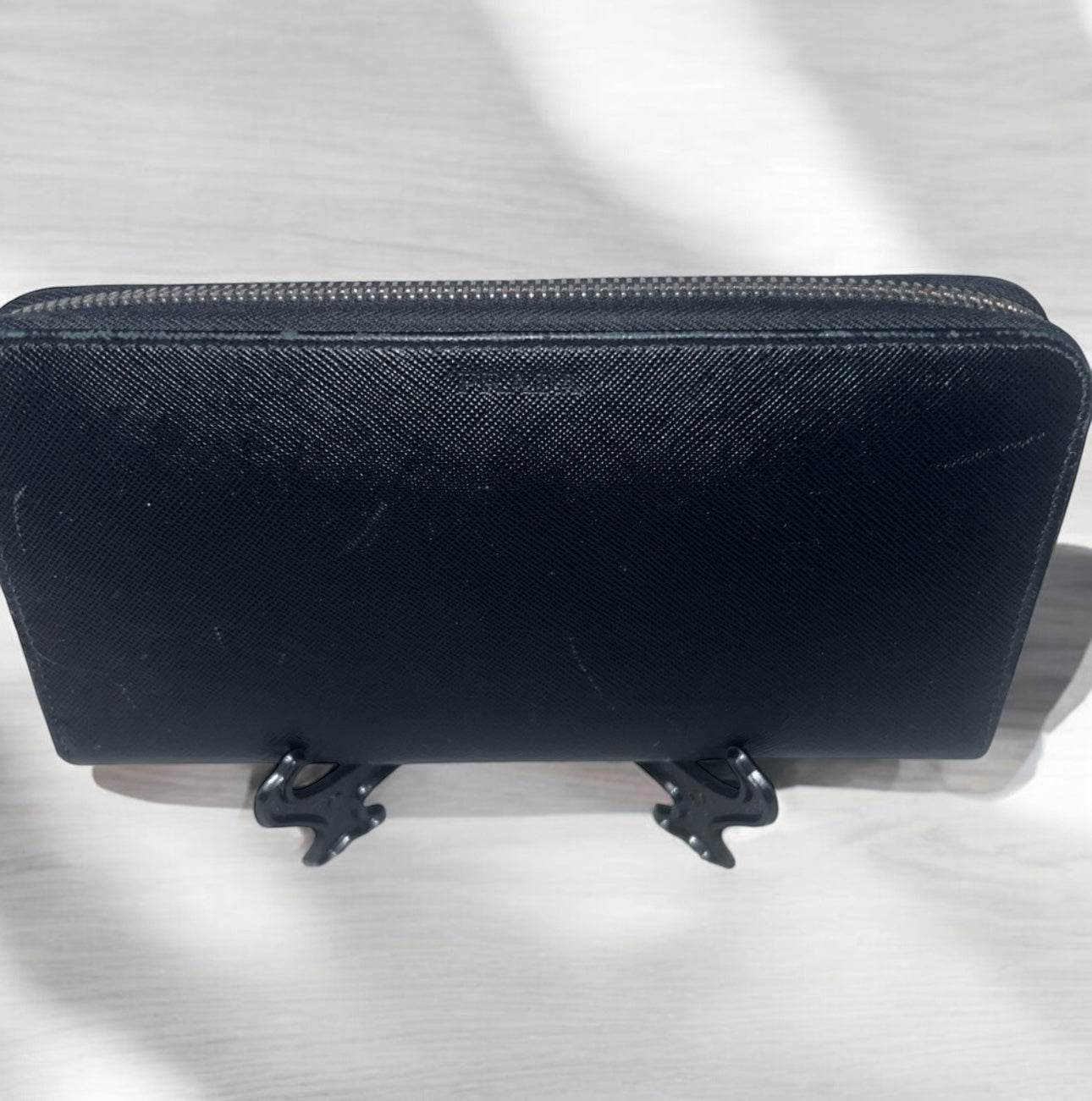 Prada Saffiano Active Black Leather Stripe Zip Around Wallet in mint conditions - Luxbrandz