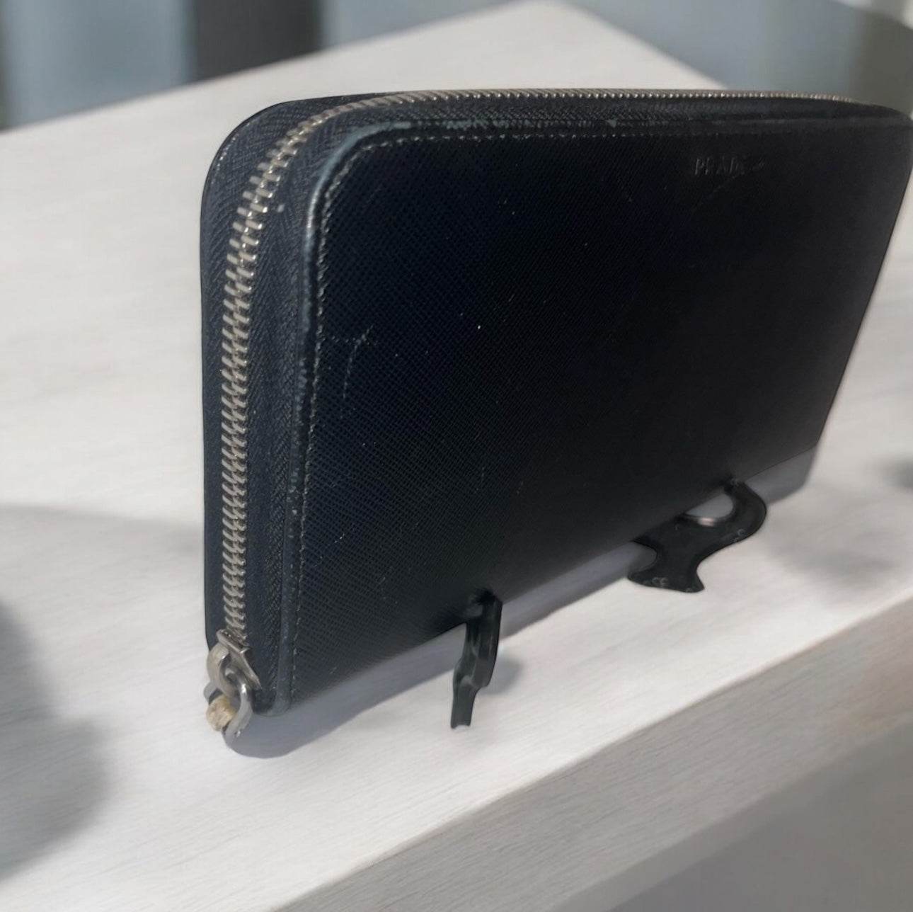 Prada Saffiano Active Black Leather Stripe Zip Around Wallet in mint conditions - Luxbrandz