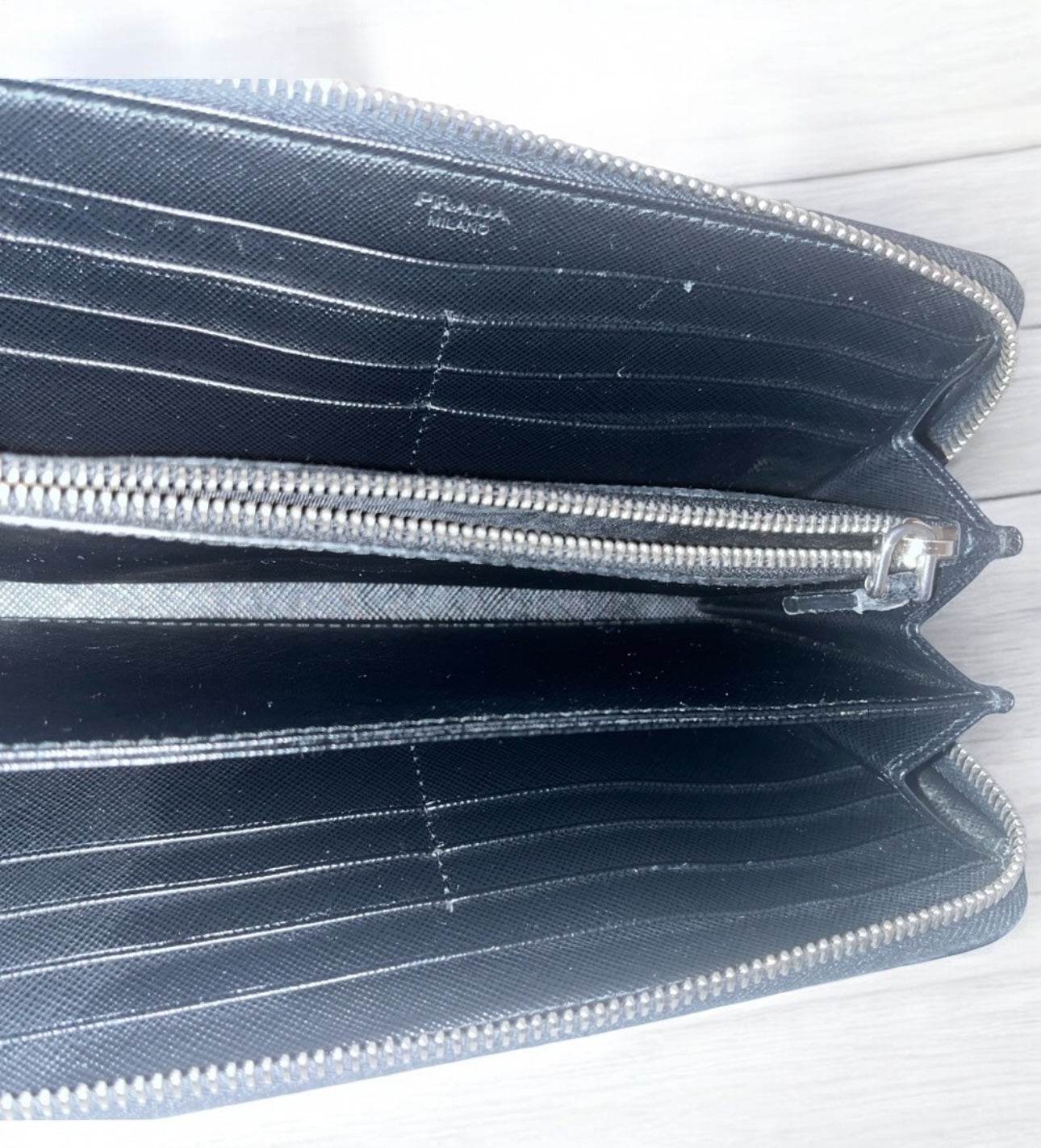 Prada Saffiano Active Black Leather Stripe Zip Around Wallet in mint conditions - Luxbrandz