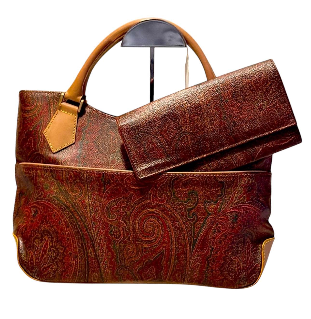 ETRO Paisley Hand Bag PVC Leather Wine Red Brown Charm Used Authentic - Luxbrandz