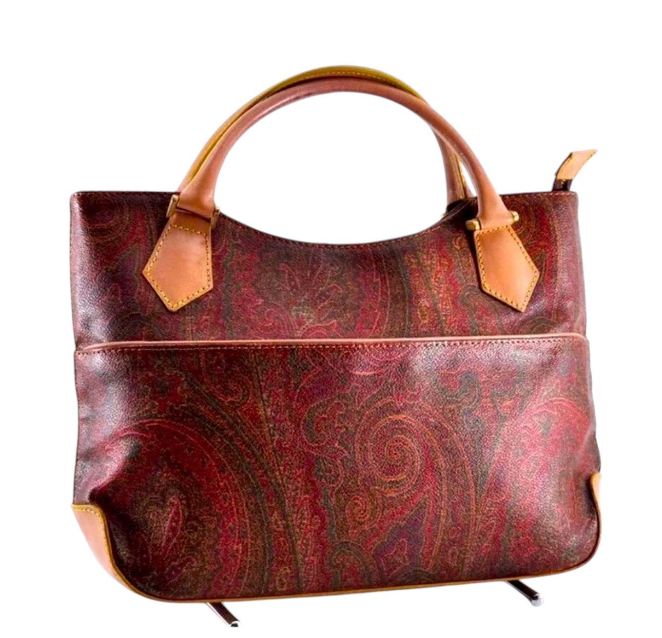 ETRO Paisley Hand Bag PVC Leather Wine Red Brown Charm Used Authentic - Luxbrandz