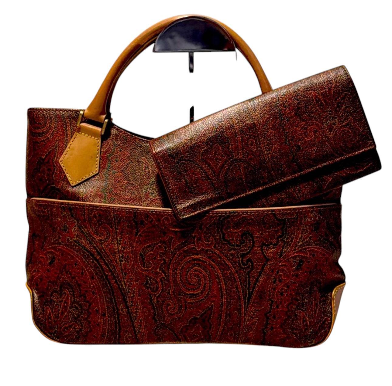 ETRO Paisley Hand Bag PVC Leather Wine Red Brown Charm Used Authentic - Luxbrandz