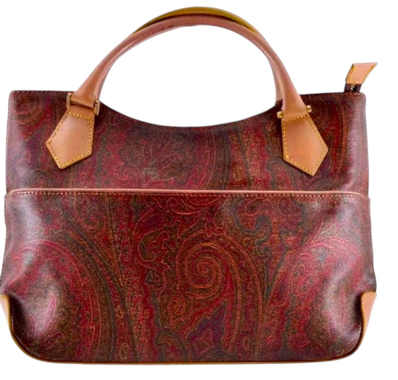 ETRO Paisley Hand Bag PVC Leather Wine Red Brown Charm Used Authentic - Luxbrandz