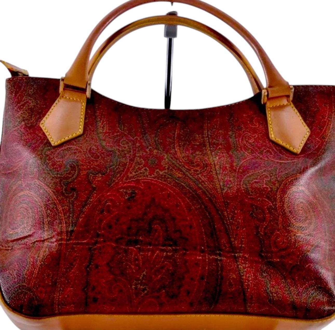 ETRO Paisley Hand Bag PVC Leather Wine Red Brown Charm Used Authentic - Luxbrandz