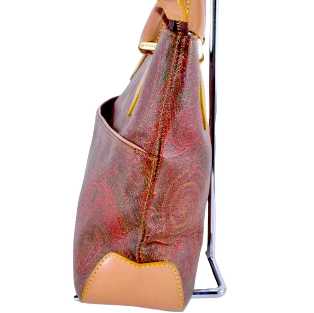 ETRO Paisley Hand Bag PVC Leather Wine Red Brown Charm Used Authentic - Luxbrandz
