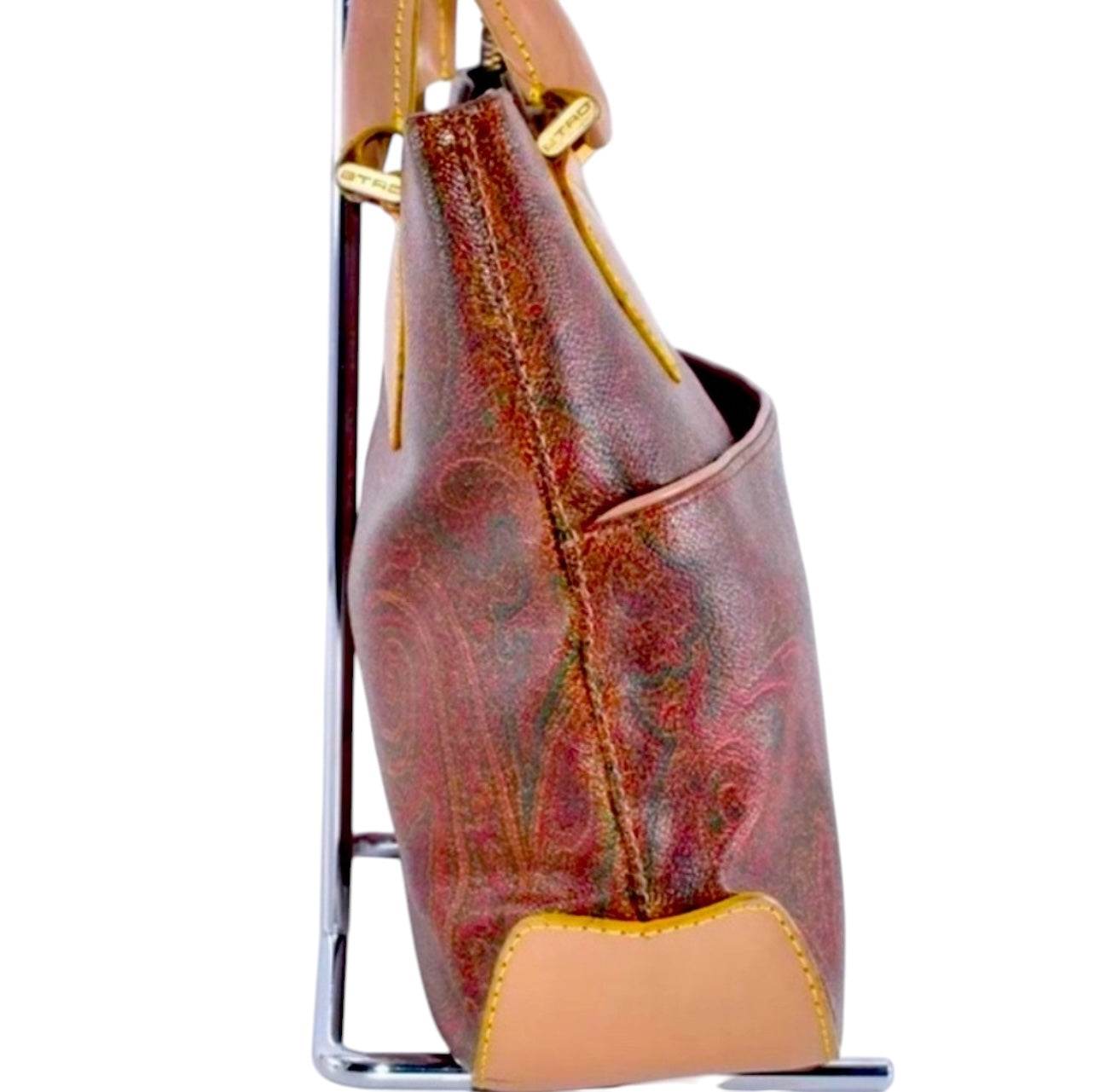 ETRO Paisley Hand Bag PVC Leather Wine Red Brown Charm Used Authentic - Luxbrandz