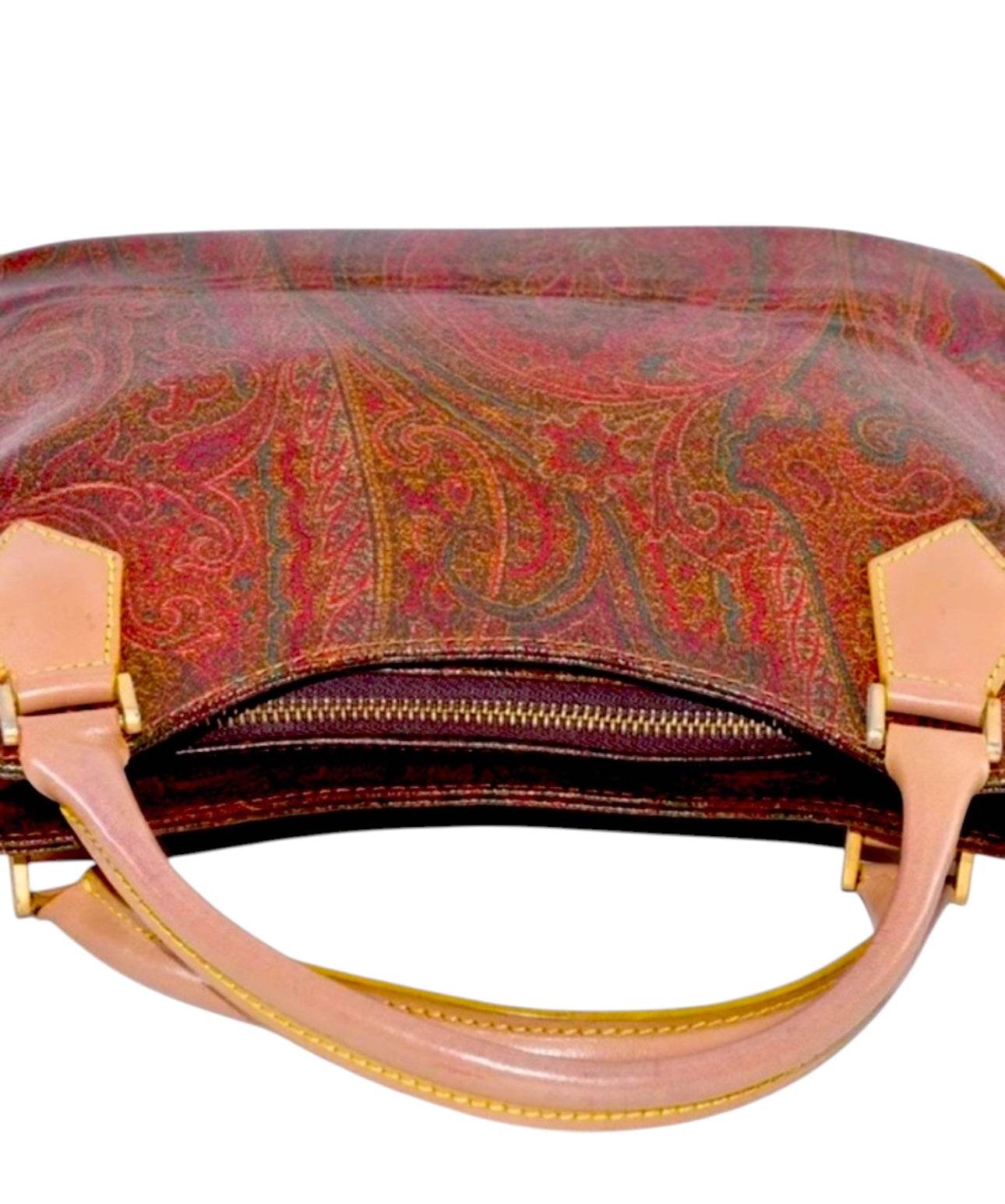 ETRO Paisley Hand Bag PVC Leather Wine Red Brown Charm Used Authentic - Luxbrandz