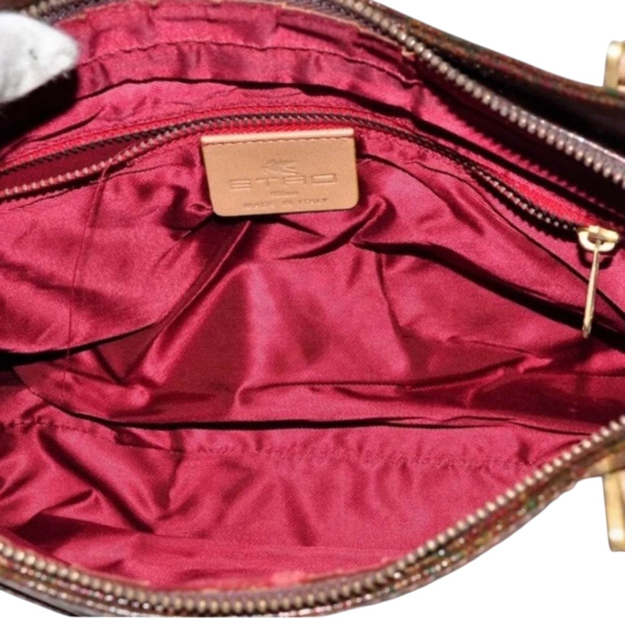 ETRO Paisley Hand Bag PVC Leather Wine Red Brown Charm Used Authentic - Luxbrandz