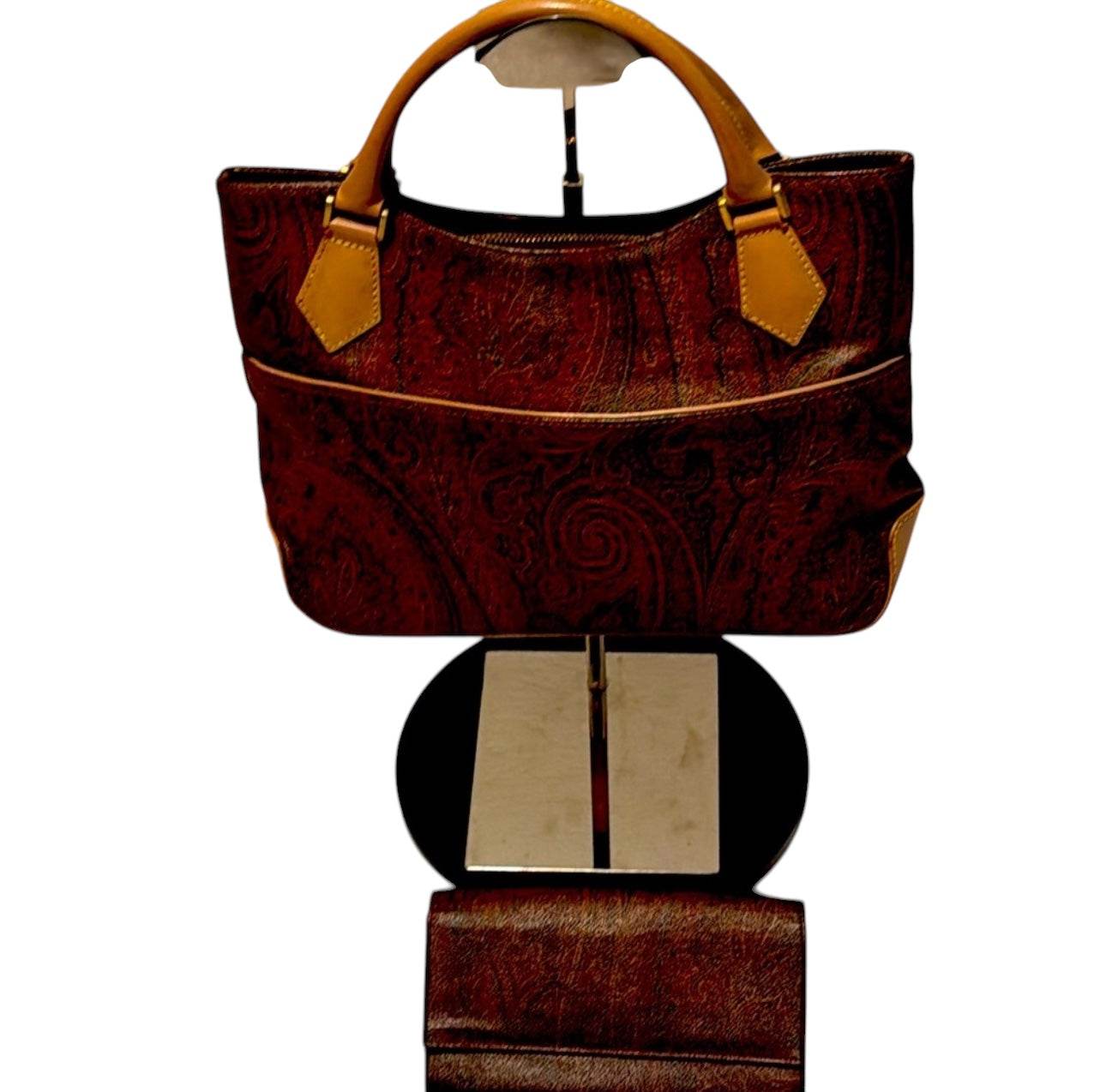 ETRO Paisley Hand Bag PVC Leather Wine Red Brown Charm Used Authentic - Luxbrandz
