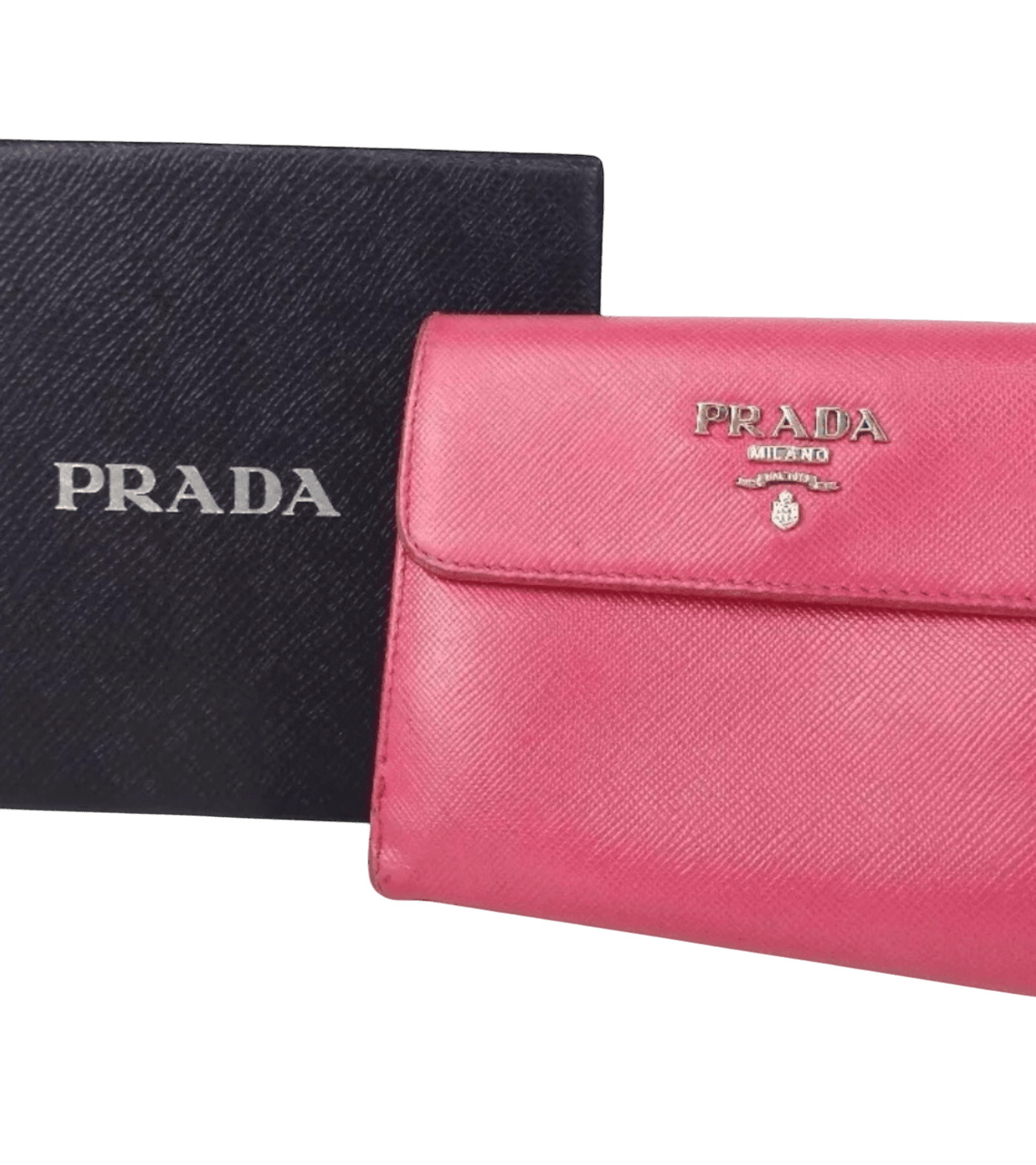 PRADA VITELLO MOVE PINK LEATHER LOGO PLAQUE SMALL TRIFOLD WALLET. - Luxbrandz