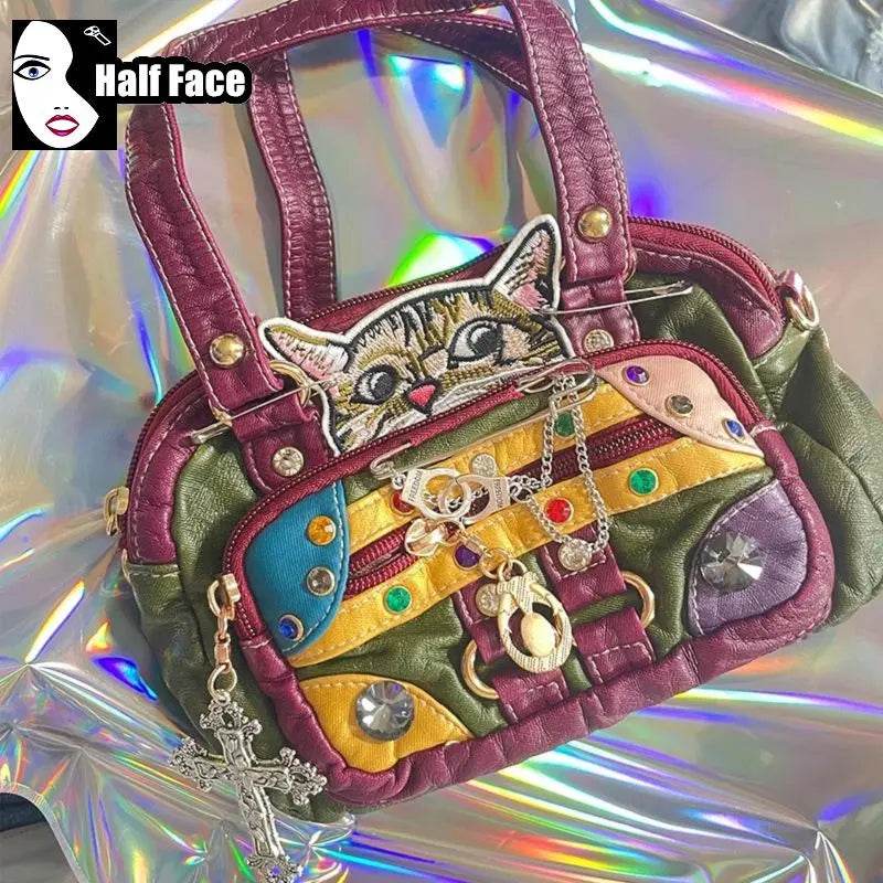 Y2K Spicy Girls Harajuku Women’s Gothic Punk PU Soft Leather Red Rivet Chain One Shoulder Casual Lolita Crossbody Bags Tote - Luxbrandz