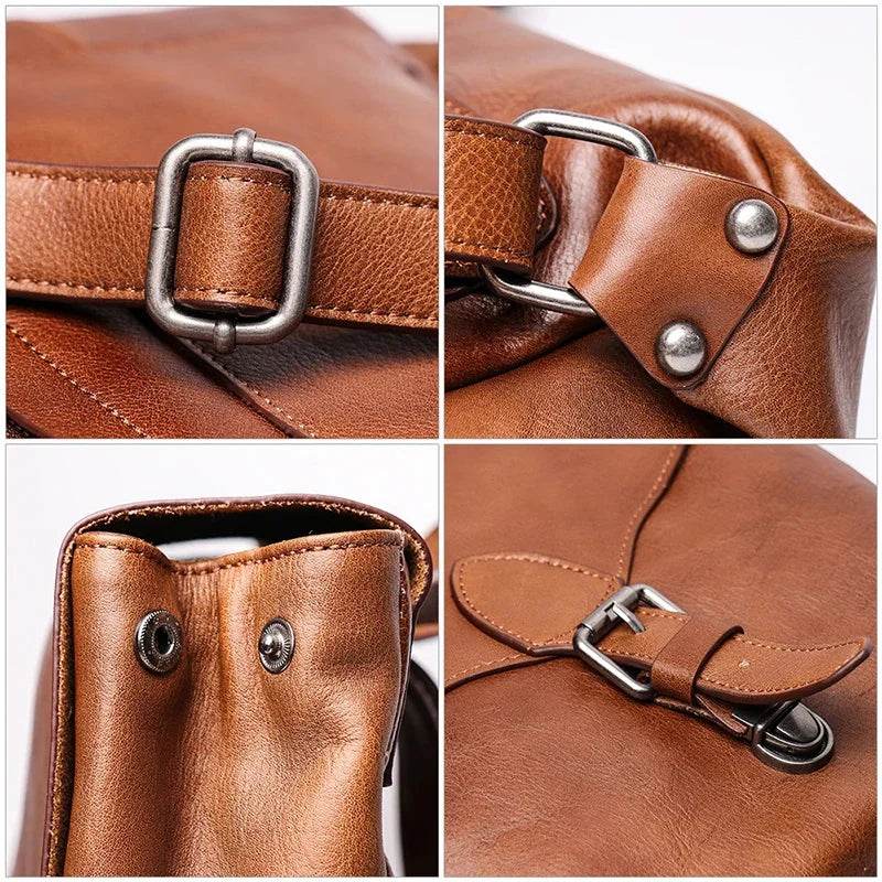 Real Leather Women Backpack Female Vintage Bag School s Men High Quality Travel 12 Inches Laptop - Luxbrandz