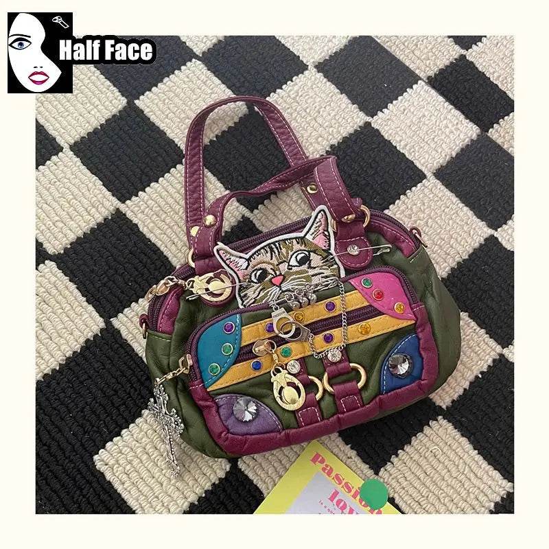 Y2K Spicy Girls Harajuku Women’s Gothic Punk PU Soft Leather Red Rivet Chain One Shoulder Casual Lolita Crossbody Bags Tote - Luxbrandz
