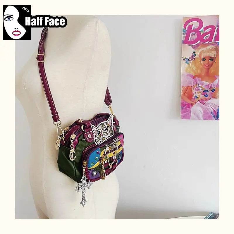 Y2K Spicy Girls Harajuku Women’s Gothic Punk PU Soft Leather Red Rivet Chain One Shoulder Casual Lolita Crossbody Bags Tote - Luxbrandz