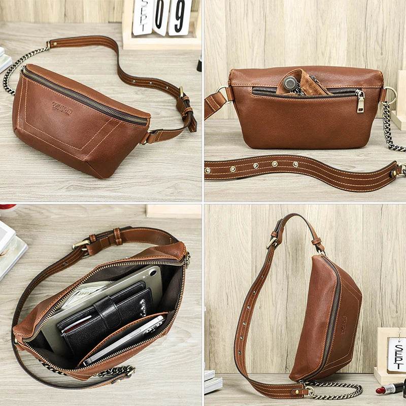 Contact's Chest Bag for Women Genuine Leather Ladies Sling Crossbody Bag Luxury Designer Chain Handbag Travel Fanny Pack Bag - Luxbrandz