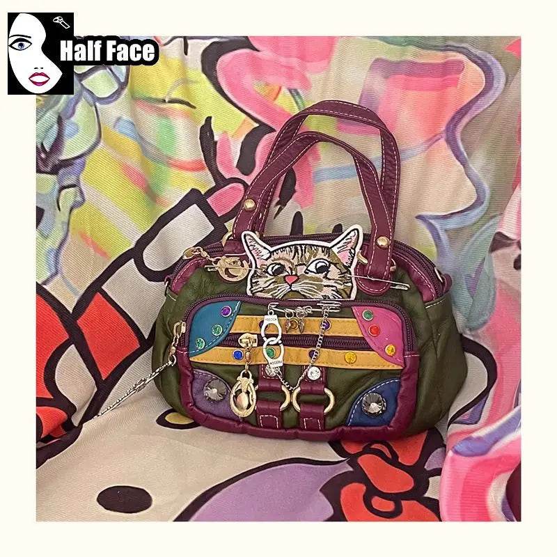 Y2K Spicy Girls Harajuku Women’s Gothic Punk PU Soft Leather Red Rivet Chain One Shoulder Casual Lolita Crossbody Bags Tote - Luxbrandz
