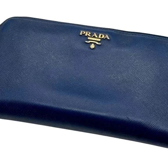 Prada Safiano Leather Blue zip around continental wallet excellent condition - Luxbrandz