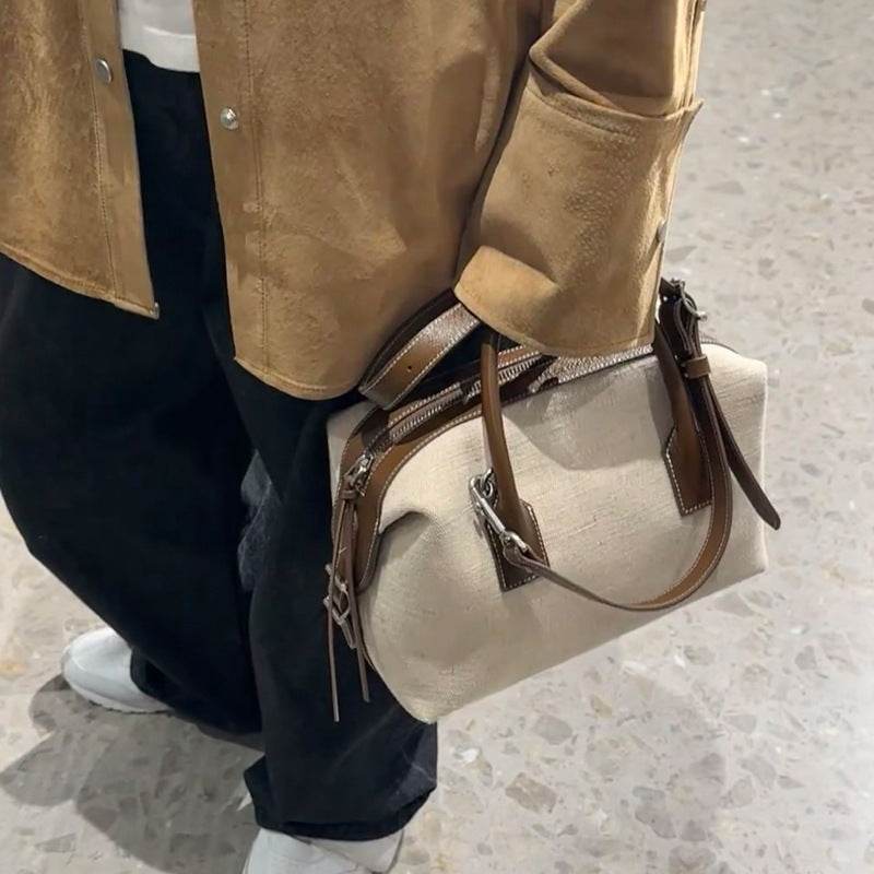 High-grade Light Luxury Linen Contrast Color Bowling Leather Casual Bag - Luxbrandz