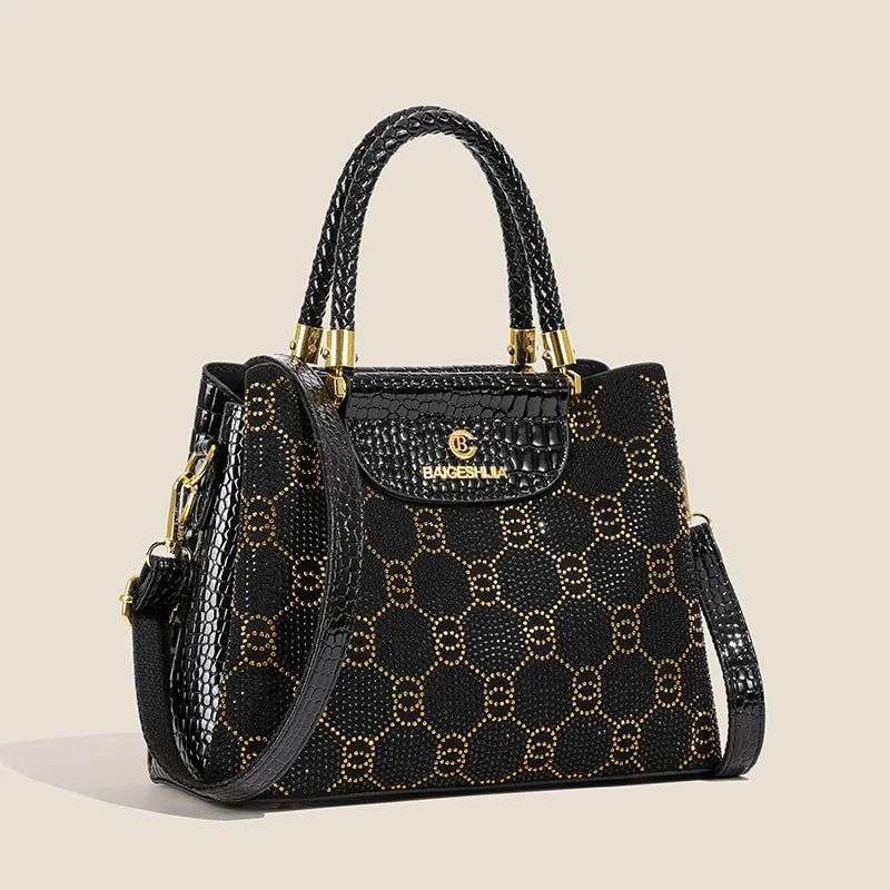 Luxury Black Designer Handbag - Women’s Elegant Tote with Gold Accents - Crocodile Pattern PU Leather Satchel Bag - Perfect for