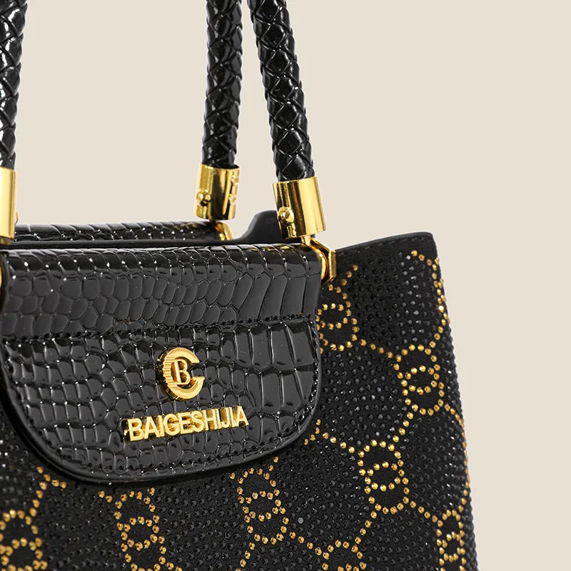 Luxury Black Designer Handbag - Women’s Elegant Tote with Gold Accents - Crocodile Pattern PU Leather Satchel Bag - Perfect for