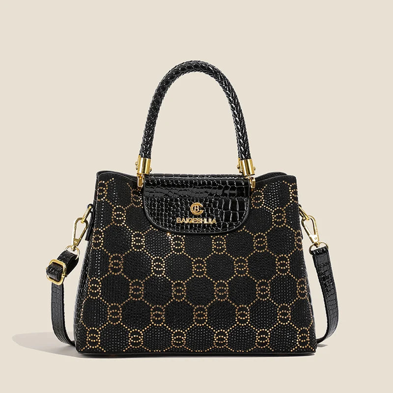 Luxury Black Designer Handbag - Women’s Elegant Tote with Gold Accents - Crocodile Pattern PU Leather Satchel Bag - Perfect for