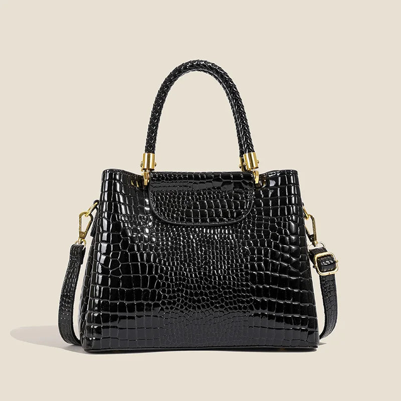 Luxury Black Designer Handbag - Women’s Elegant Tote with Gold Accents - Crocodile Pattern PU Leather Satchel Bag - Perfect for