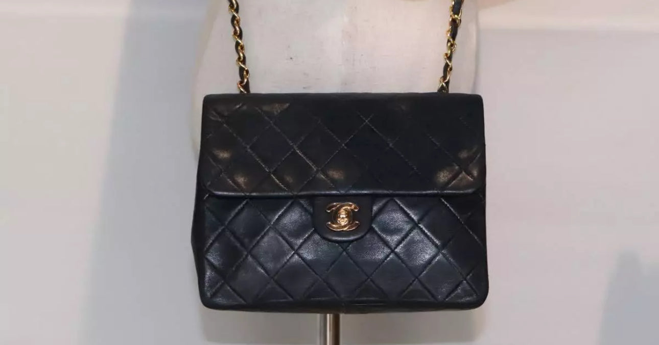 CHANEL Mini Matelasse Chain Shoulder Bag Lamb Skin Black Gold CC Auth YK15360