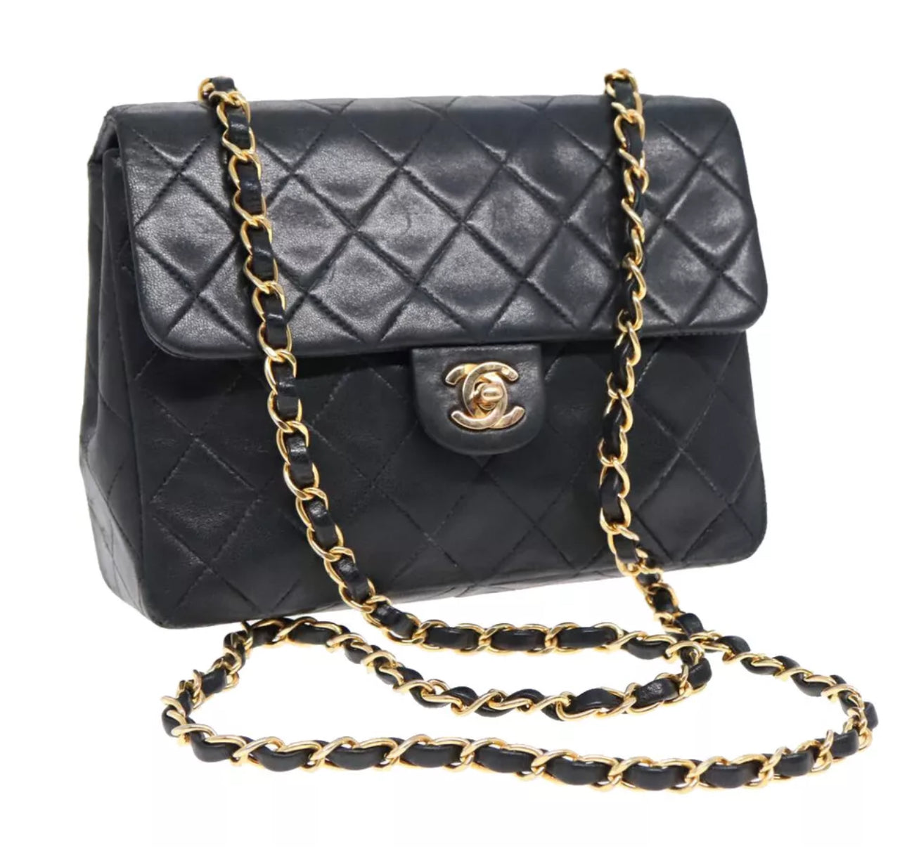 CHANEL Mini Matelasse Chain Shoulder Bag Lamb Skin Black Gold CC Auth YK15360