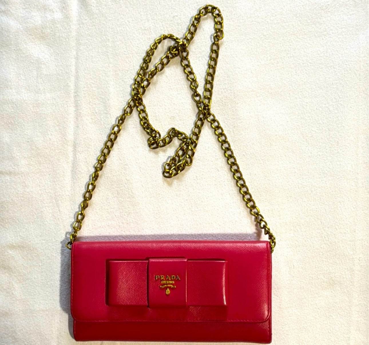 Prada Saffiano Fiocco Bow Zip Around Wallet in Peonia - Luxbrandz