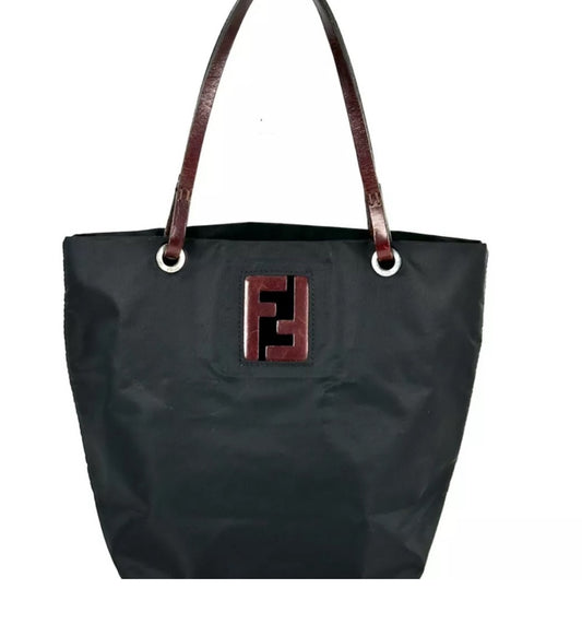 Fendi Leather Nylon Shoulder Bag Tote Bag Auth Black Medium Women Italy - Luxbrandz