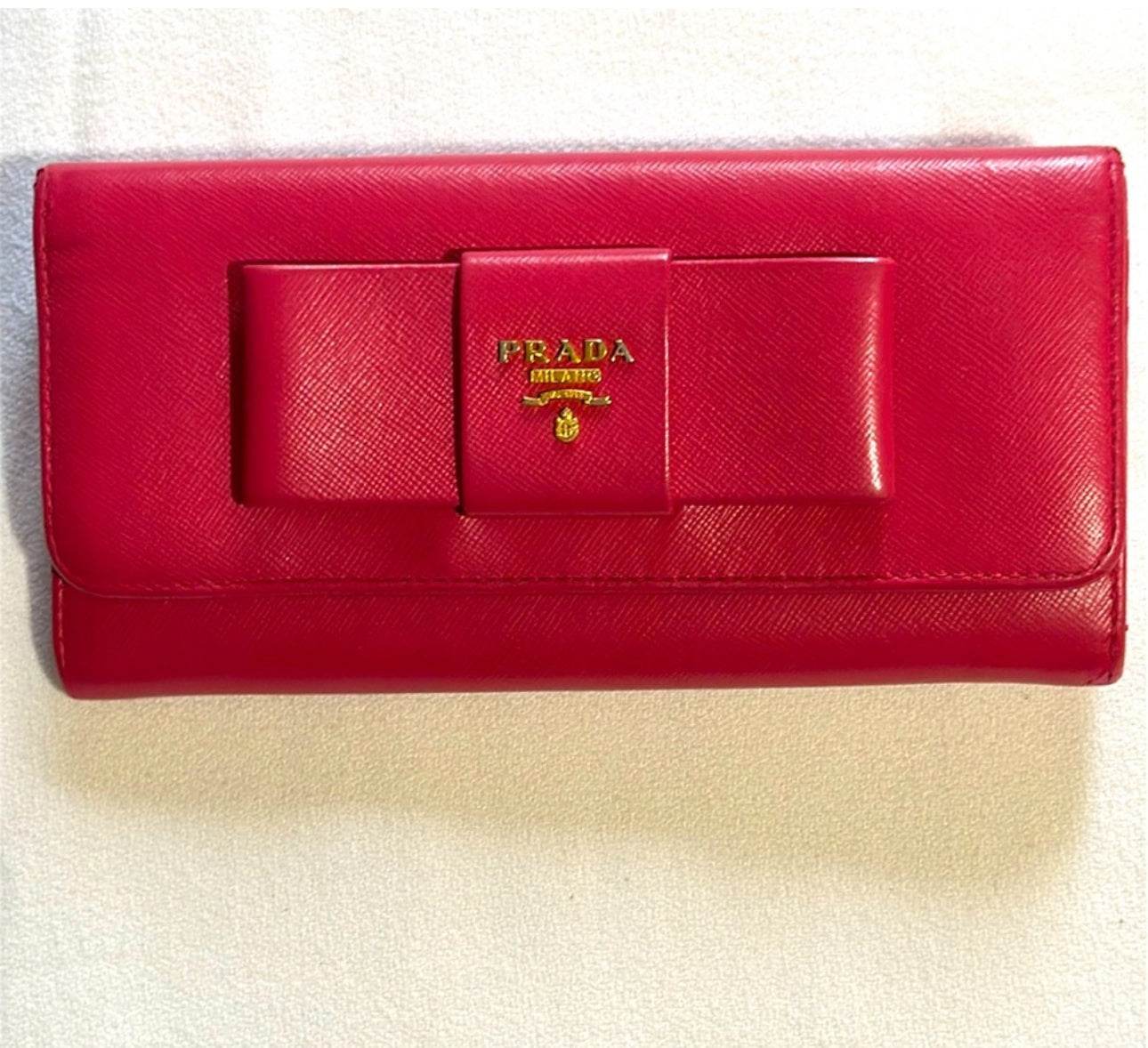 Prada Saffiano Fiocco Bow Zip Around Wallet in Peonia - Luxbrandz