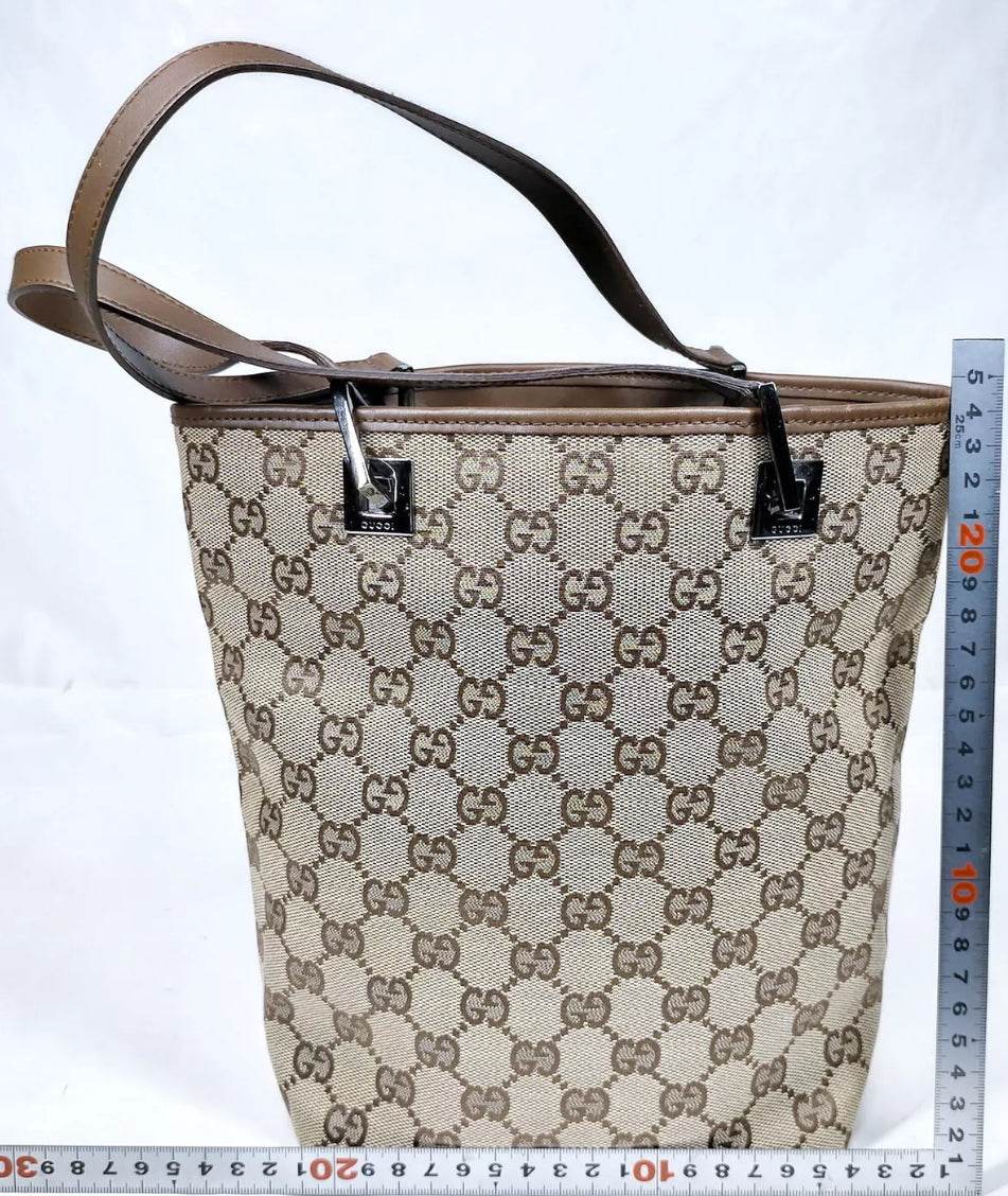 Gucci Tote Bag Beige Brown Canvas with Briwn Leather Trim - Luxbrandz