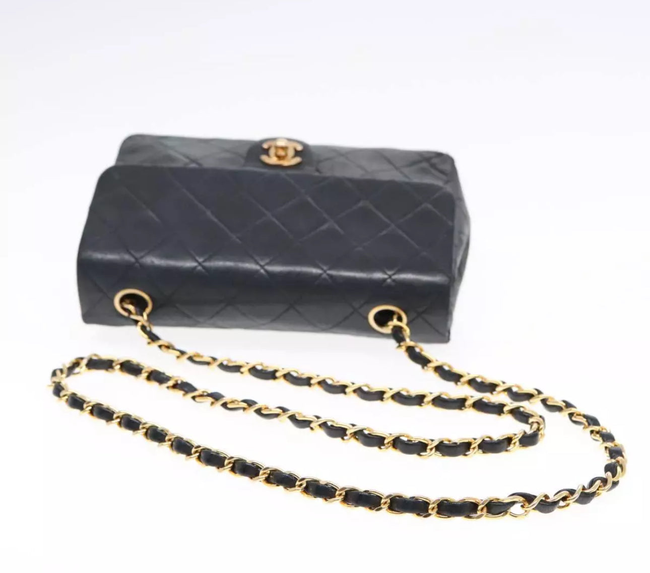 CHANEL Mini Matelasse Chain Shoulder Bag Lamb Skin Black Gold CC Auth YK15360