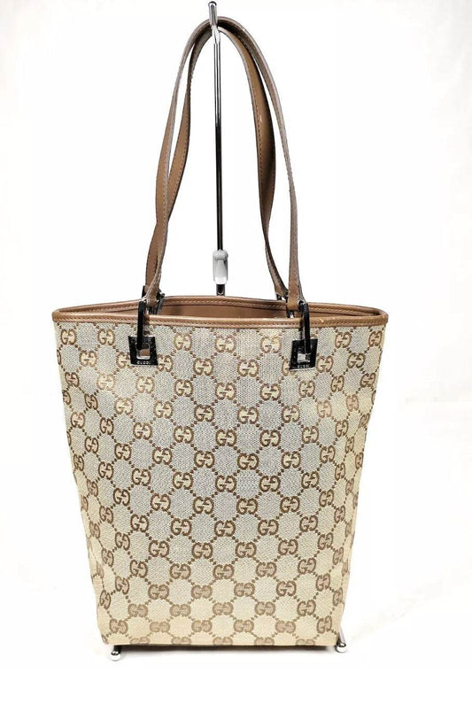 Gucci Tote Bag Beige Brown Canvas with Briwn Leather Trim - Luxbrandz