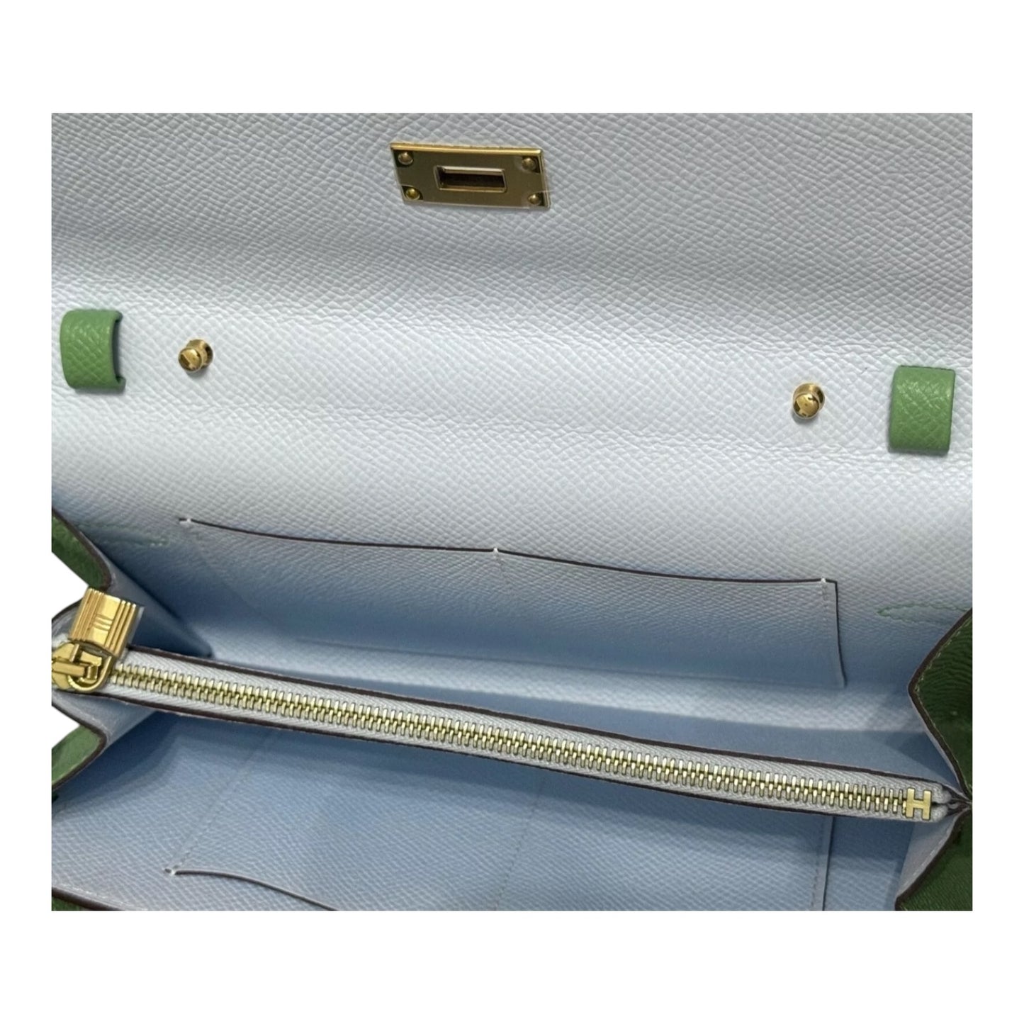 Hermes Kelly To Go Verso Vert Criquet Blue Brume Epsom Leather Gold Hardware, RARE - Luxbrandz