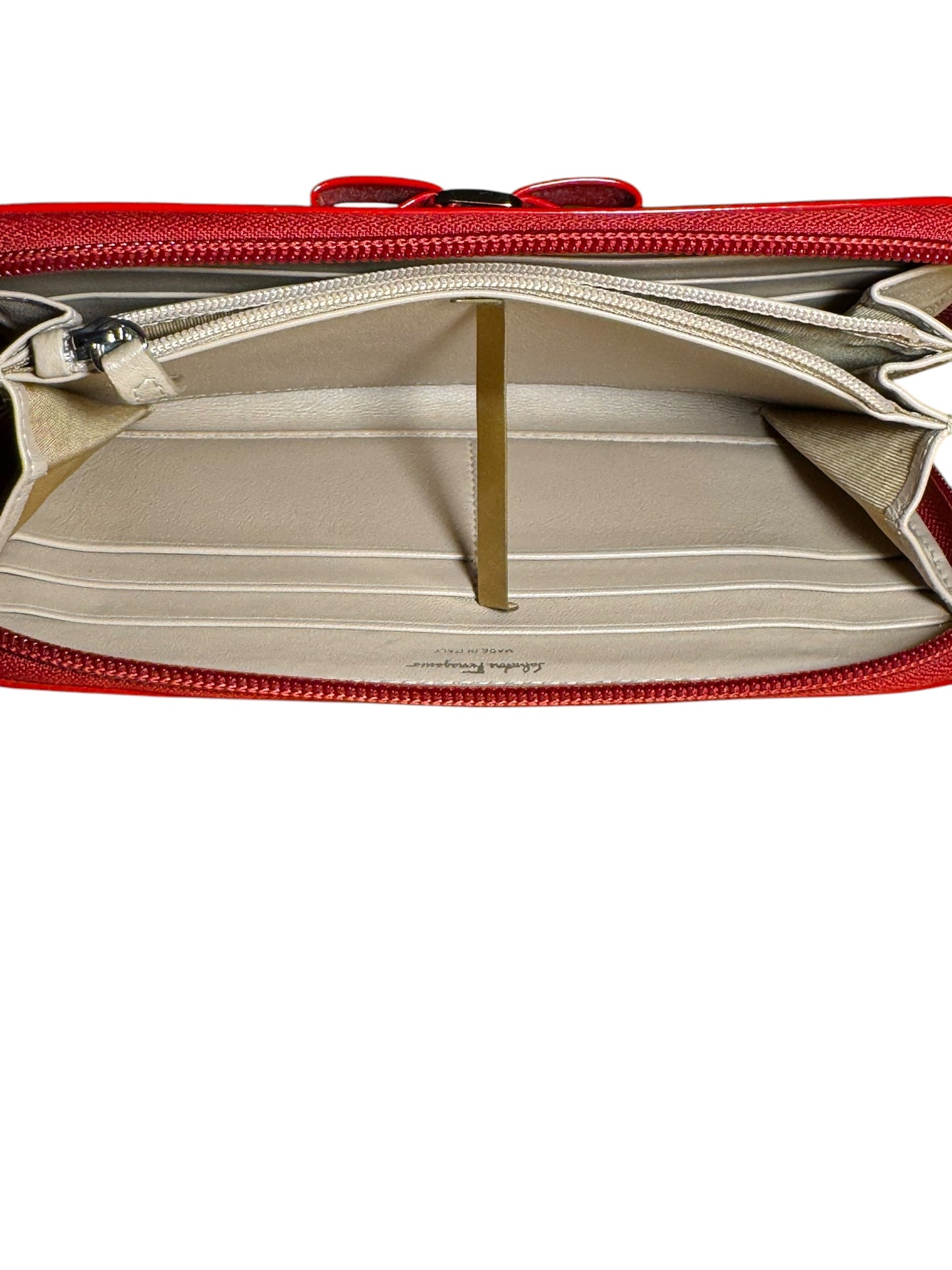 SALVATORE FERRAGAMO GINNY RED BOW PATENT LEATHER HANDBAG WITH SILVER CHAIN STRAP