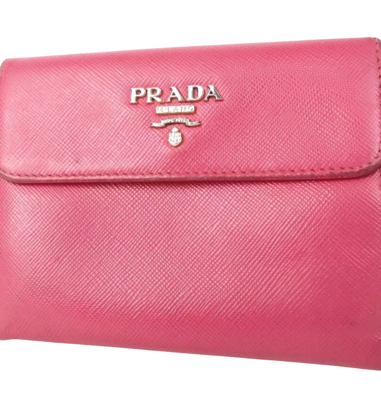 PRADA VITELLO MOVE PINK LEATHER LOGO PLAQUE SMALL TRIFOLD WALLET.