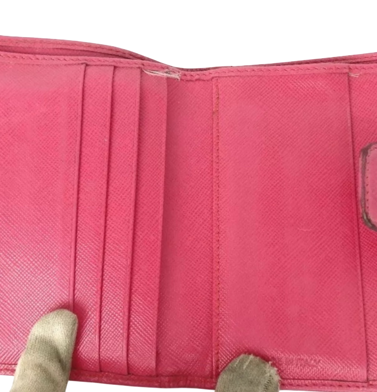 PRADA VITELLO MOVE PINK LEATHER LOGO PLAQUE SMALL TRIFOLD WALLET.