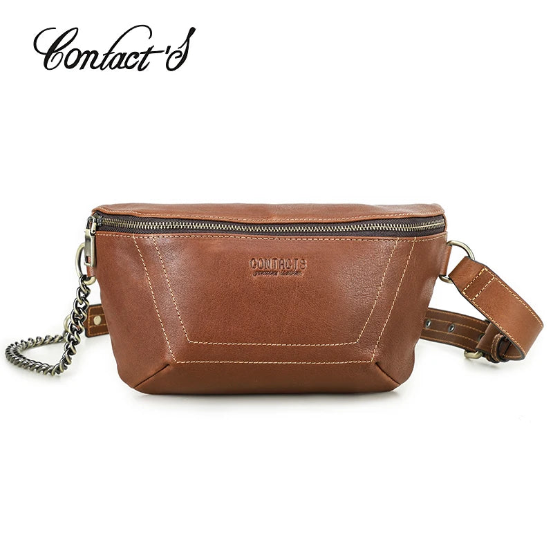 Contact's Chest Bag for Women Genuine Leather Ladies Sling Crossbody Bag Luxury Designer Chain Handbag Travel Fanny Pack Bag