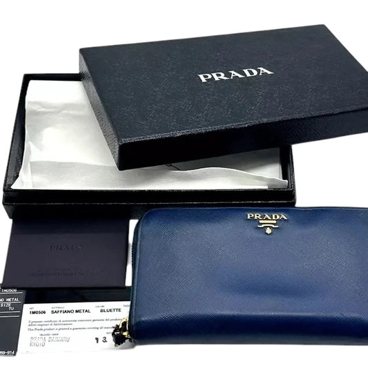 Prada Safiano Leather Blue zip around continental wallet excellent condition - Luxbrandz